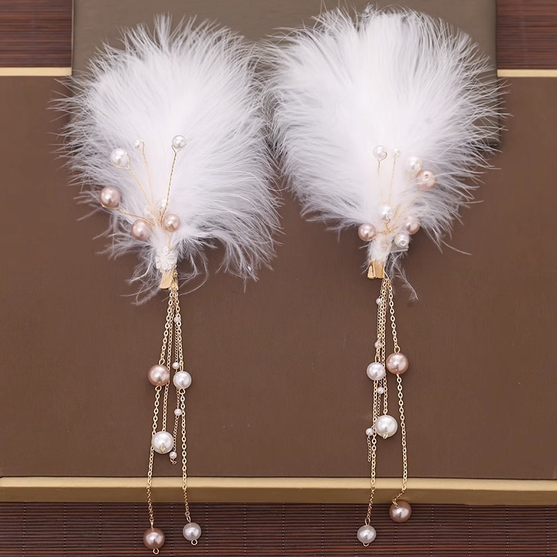 Ancient Style Han Chinese Clothing Headdress Super Fairy Feather Barrettes Tassel Girls' Hair Accessories Side Clip Pompon a Pair of Hairclips New Chinese Style Accessories