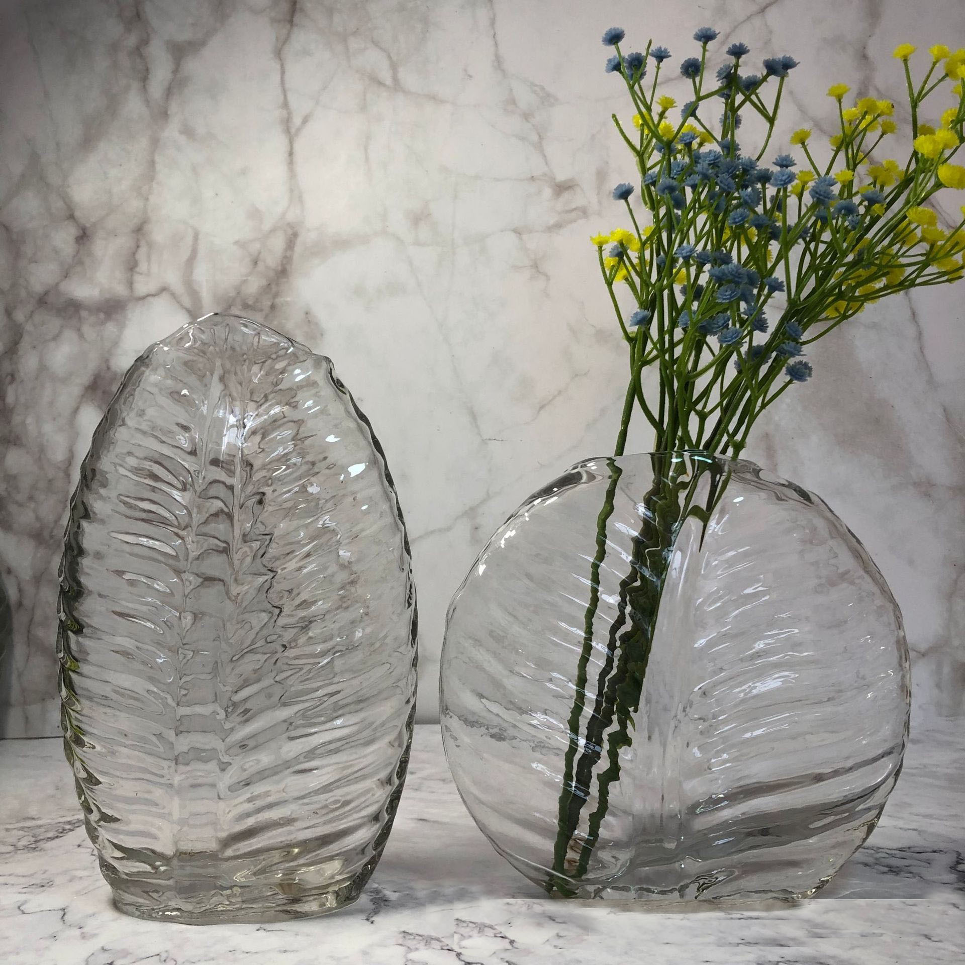 树叶创意简约艺术玻璃花瓶水养插花鲜花雪柳样板房软装饰轻奢摆件