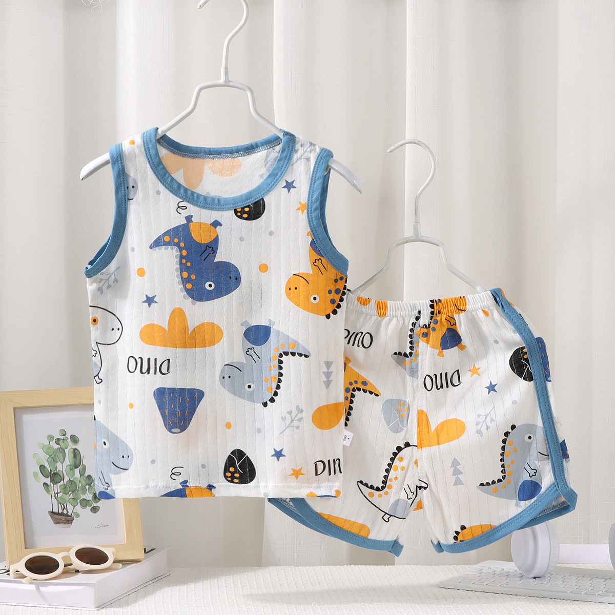 2024 New Children's Vest Suit Summer Cotton Girls' Shorts Pajamas Baby Korean Style Sleeveless for Boy Children's Clothing