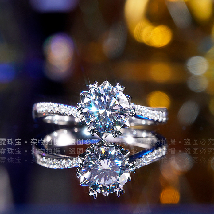 18k玫瑰金正品铂金扭臂雪花经典六爪1克拉仿真钻戒指莫桑石钻戒女