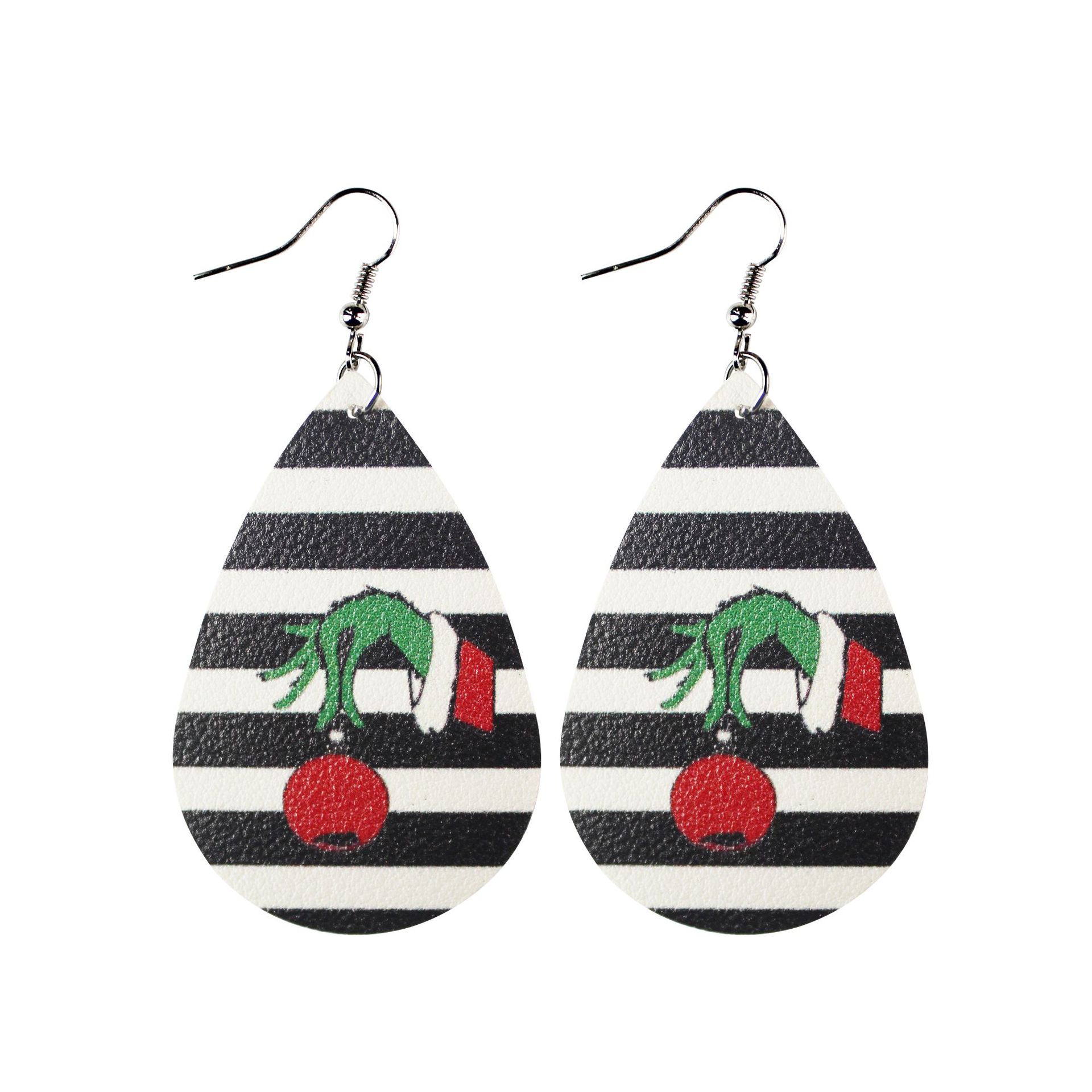 Christmas Leather Earrings Double-Sided Printing Composite Striped Plaid Grinch Ghost Elf Women's Pu Water Drop Earrings