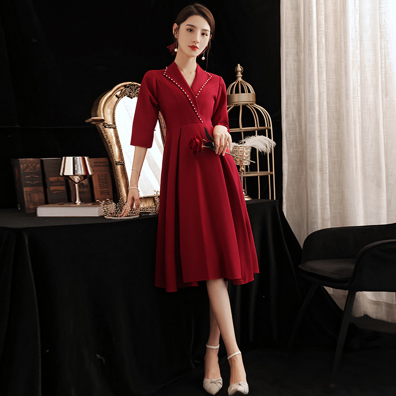 法式新娘敬酒服2021新款秋季西装领重工订婚宴礼服裙大码孕妇可穿