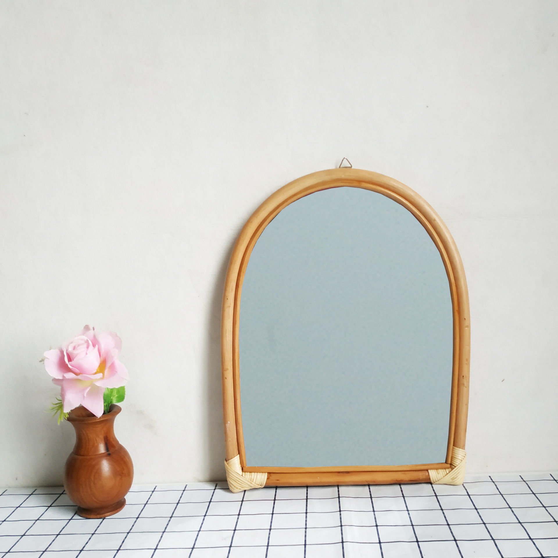 北欧圆形复古镜子ins藤编挂镜玄关民宿手工竹编墙壁装饰镜原创镜