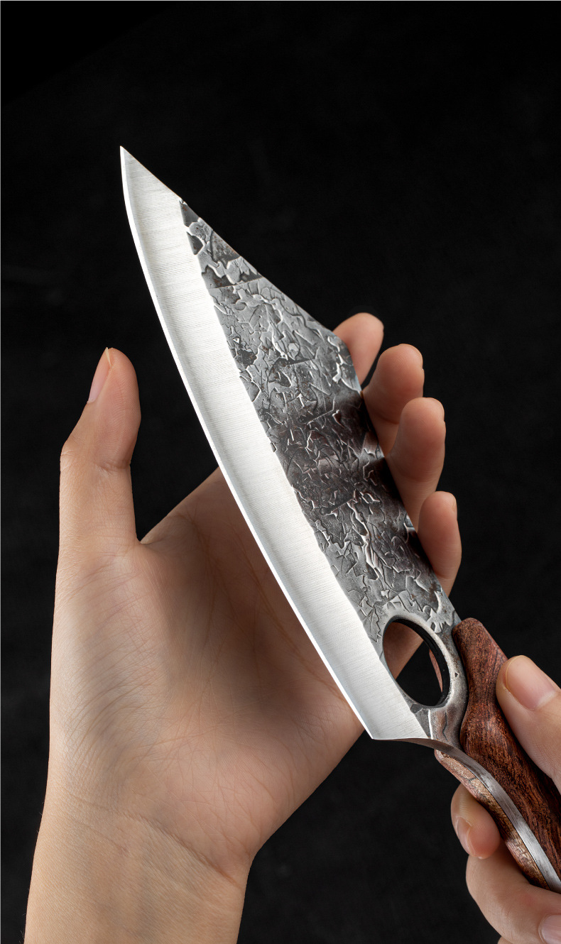 锻打指环尖头小菜刀小弯刀锤纹花梨木剔骨刀高碳钢家用户外多用刀