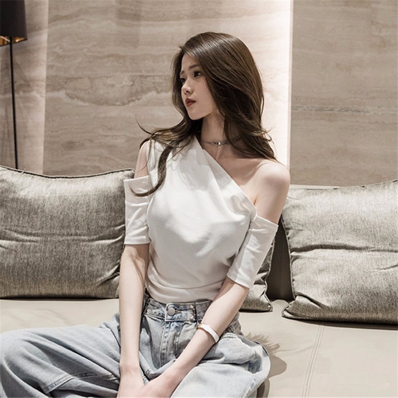 一件代发 纯棉露肩修身短款t恤女2022夏季韩版斜边领别致甜辣上衣