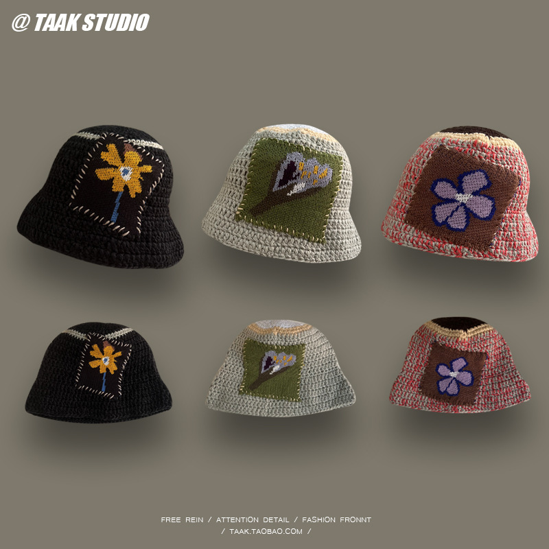 South Korea Ins Niche Designer Flowers Woolen Cap Children Autumn Winter Thermal Knitting Bucket Hat Trendy Couple