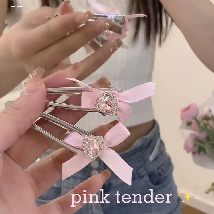 Pink Tender Bow Barrettes Heart Shape Rhinestone Little Clip Girl Side Clip Bang Clip Accessories Headdress Duckbill Clip