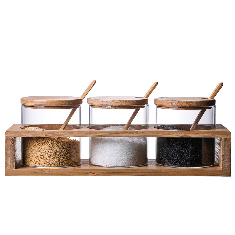 Kitchen Japanese Creative Glass Bamboo Wood Cover Household Seasoning Jar Bottle Seasoning Containers MSG and Salt Shaker Three-Piece Set