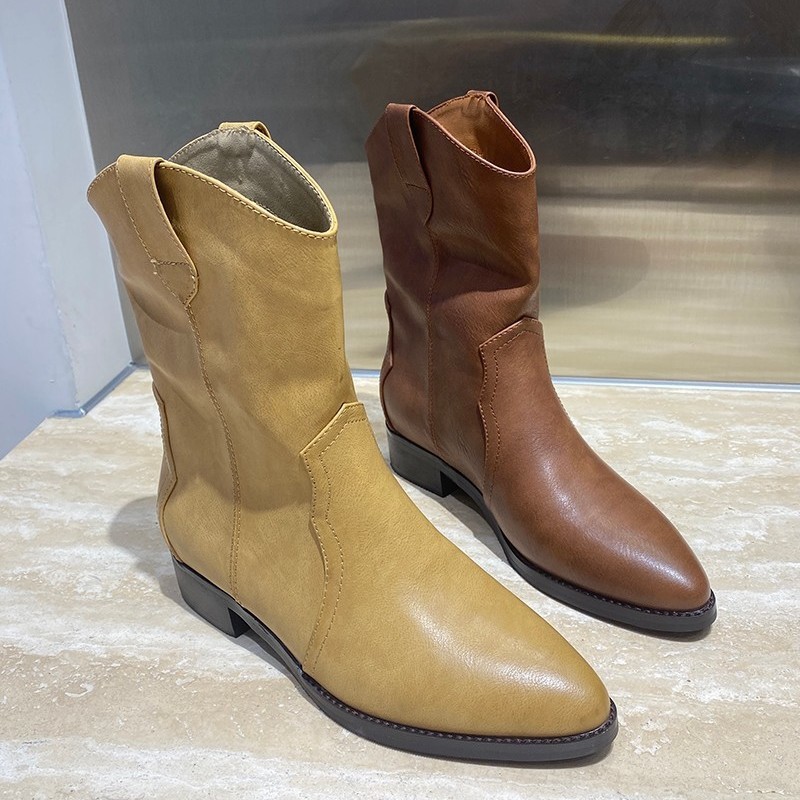 卡其色中筒靴女尖头v口西部靴低跟半筒靴复古骑士靴-阿里巴巴