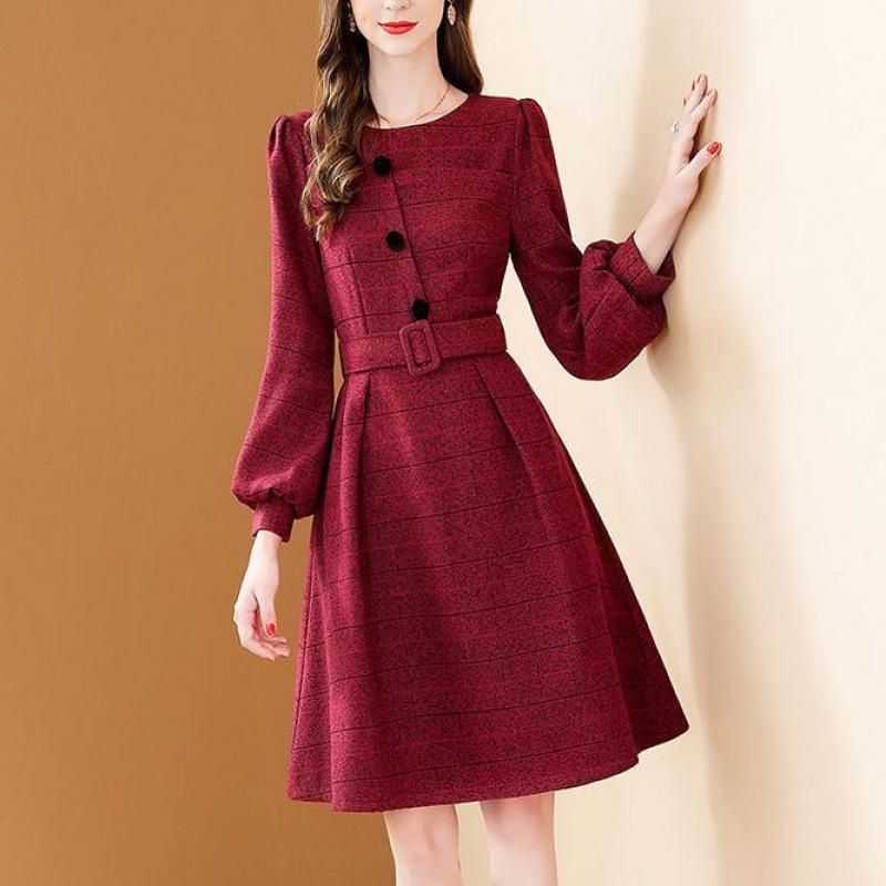 复古红色格子连衣裙女春秋新款时尚过年裙圆领系带显瘦毛呢a字裙a