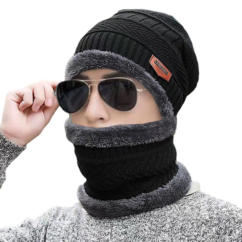 Winter Knitting Hat Men's Fleece-Lined Warm Scarf Integrated with Hat Thick Wool Cap Female Ear Protection Parent-Child Cold Protection Hat