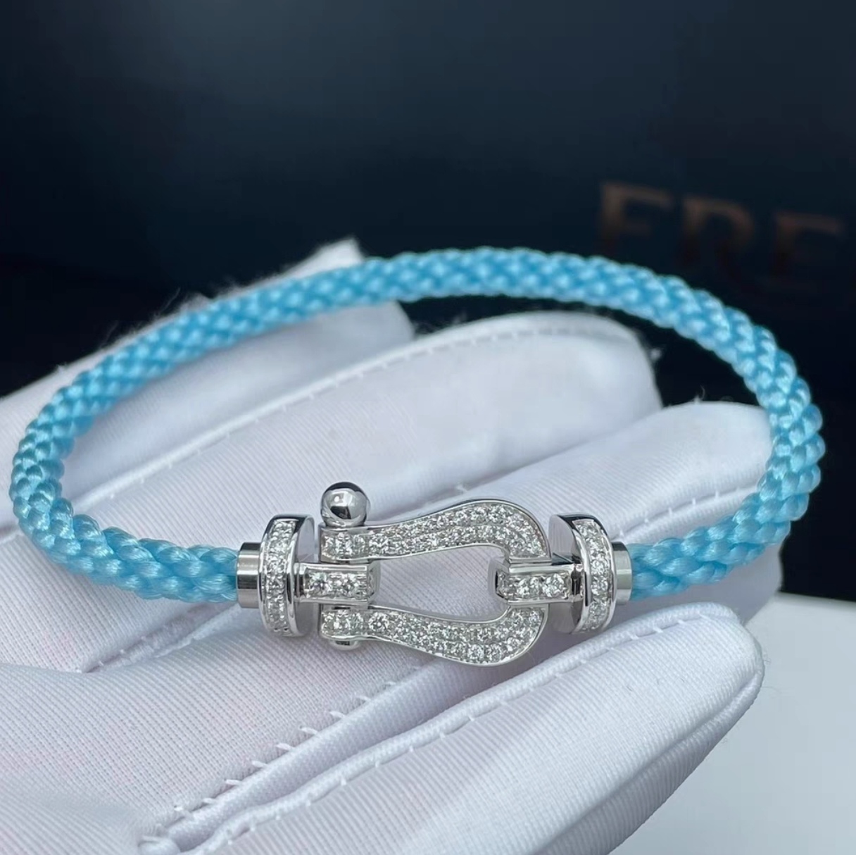 fred幸运编织浅蓝绳手链马蹄扣满钻半钻费雷德情侣手