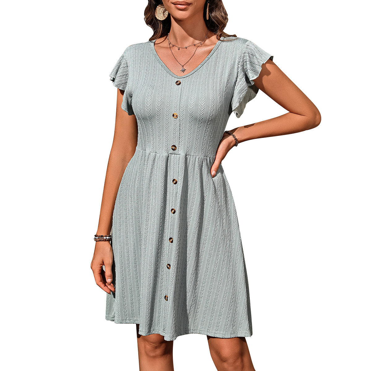 Europe and America Cross Border 2024 Amazon Summer New Product Women's Clothes V-neck Buttons Waist Elastic Short Sleeve Dress Women Women Clothes