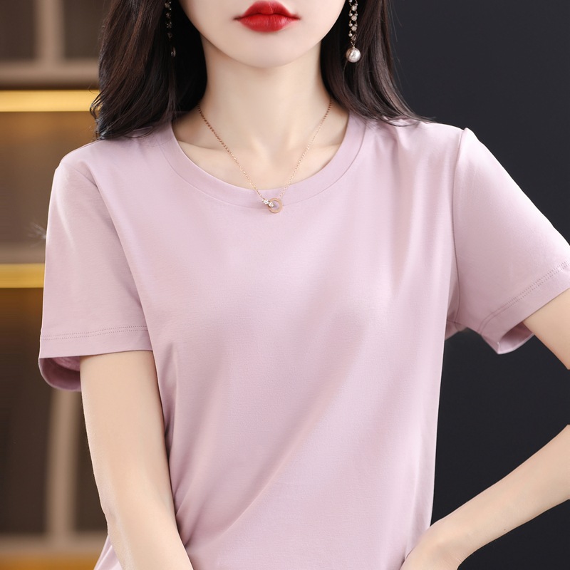 Upgraded 80 Mercerized Cotton Short-Sleeved Women's Summer Women's round V-neck Loose Basic Style Cotton T-shirt All-Match Top T-shirt Women Clothes