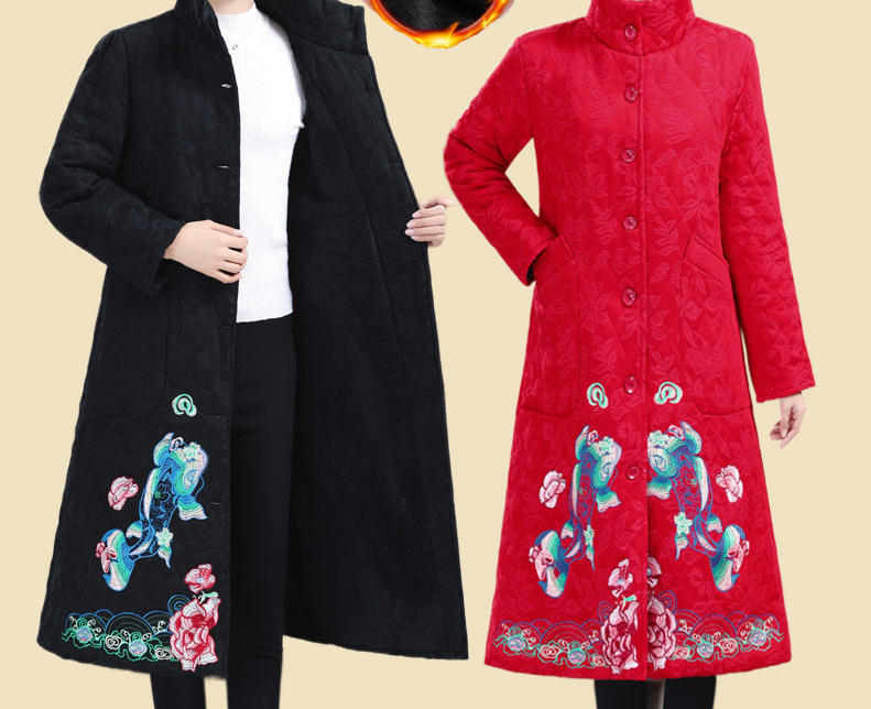 妈妈装民族风绣花加绒加厚长款棉服外套中老年复古盘扣唐装女棉衣