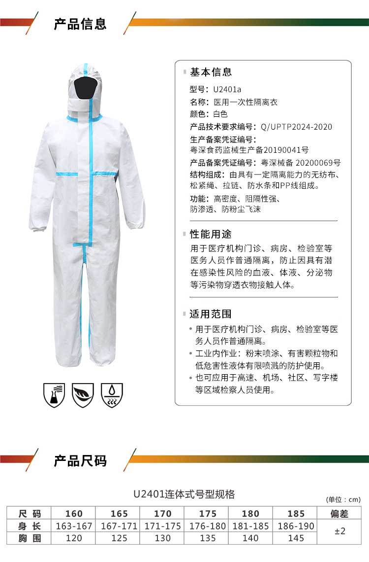 优普泰一次性隔离防护服(胶条款)u4201a【现货】