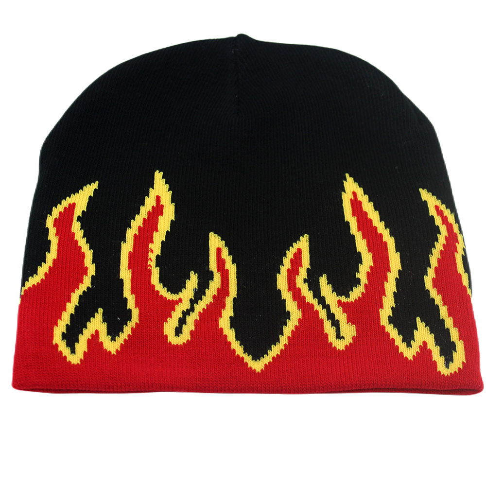 外贸新款帽子欧美火焰提花针织帽秋冬男女保暖嘻哈毛线帽无檐冷帽