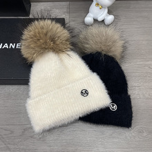 法国M标设计貉子毛球帽子女秋冬百搭保暖护耳显脸小羊毛针织帽子