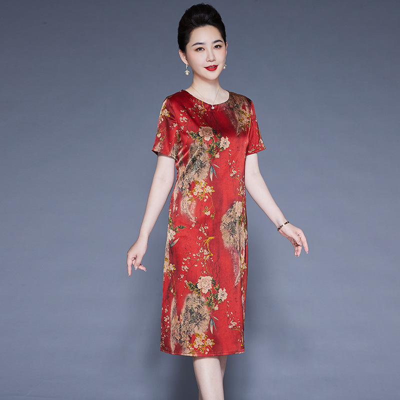 真丝连衣裙女装夏季2024新款桑蚕丝中老年妈妈复复古风裙子-阿里巴巴