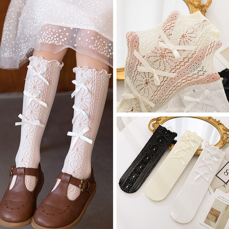 网眼雏菊蝴蝶结公主蕾丝袜木耳边女童长筒袜22dw3109儿童袜子