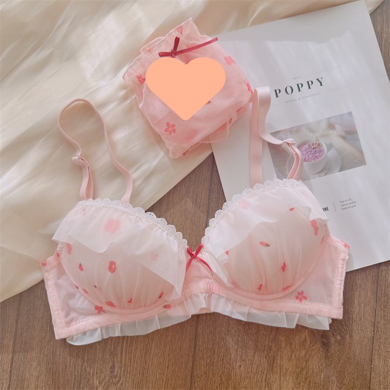 日系甜美无钢圈文胸套装 少女网纱性感蕾丝飞边甜美薄杯内衣内裤