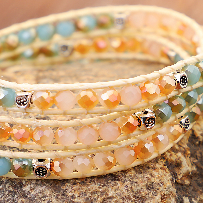 跨境新款多层缠绕手绳创意手工编织切面彩色电镀玻璃珠手链 现货