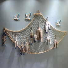 复古装饰鱼串木质地中海风格挂鱼雕刻鱼渔网上墙上挂件拍照道具