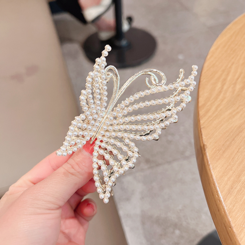 Korean Style Fairy Pearl Rhinestone Butterfly Barrettes Catch Gap Former Red Fashion Large Back Head Hair Claw Shark Clip