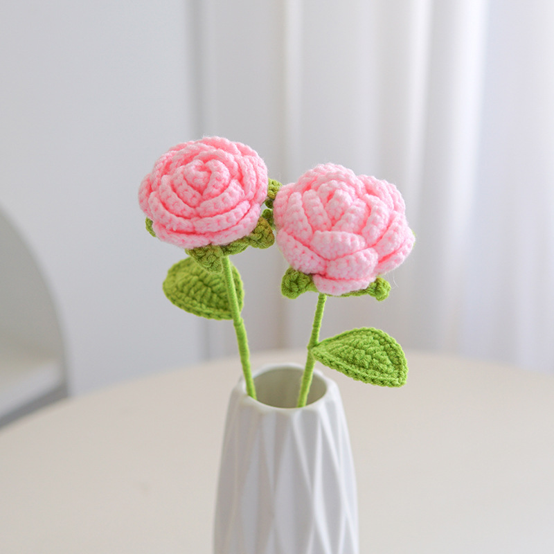 Amazon Hand-Woven Finished Bouquet Milk Cotton Emulational Rose Flower Wool Knitted Fake Flower Valentine's Day Bouquet