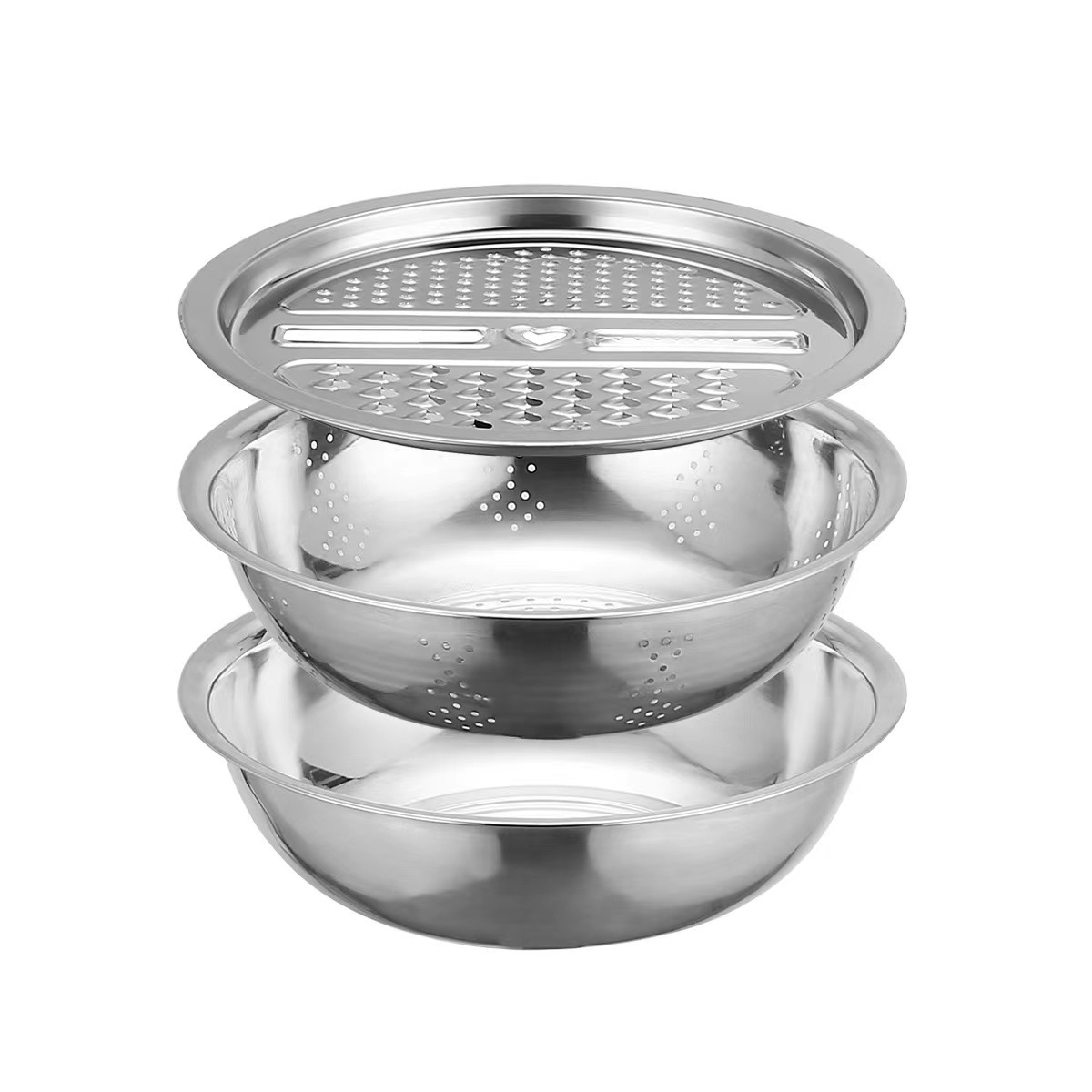 Stainless Steel Slicer Basin Three-Piece Thickened Draining Basin Home Grater Rice Washing Filter Bowl Strainer Chopper 
