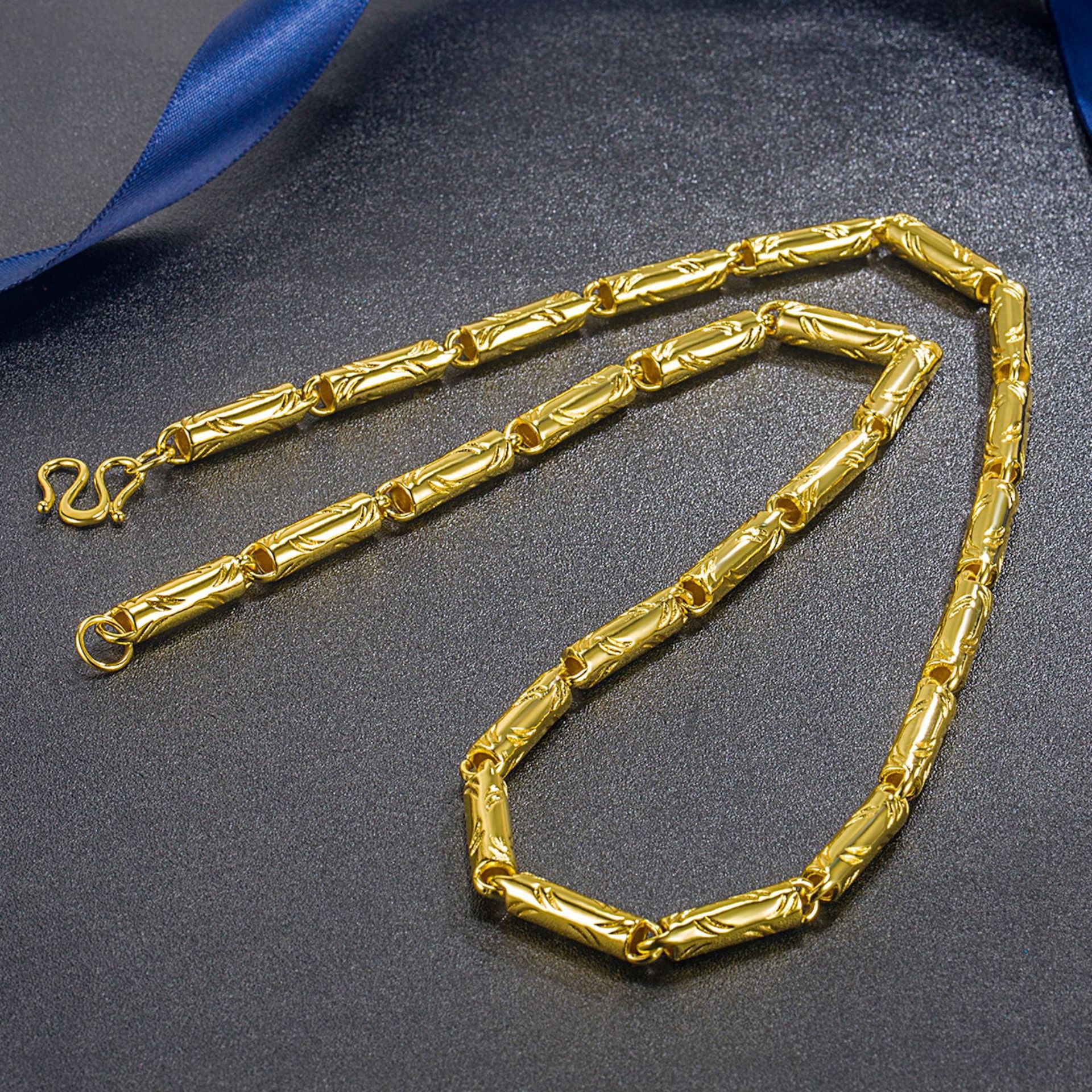 镀24k大金链子圆筒珠佛珠实心项链 霸气长方圆柱竹节金项链