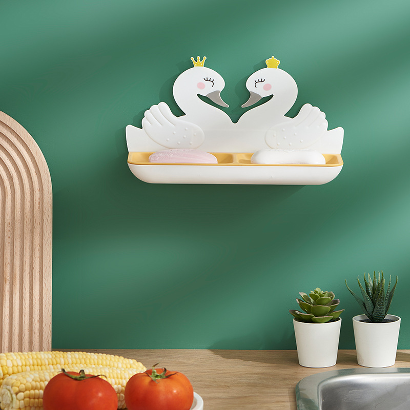 Creative Swan Soap Dish Plastic Punch-Free Girl Heart Cartoon Bathroom Wall-Mounted Soap Storage Rack 0652