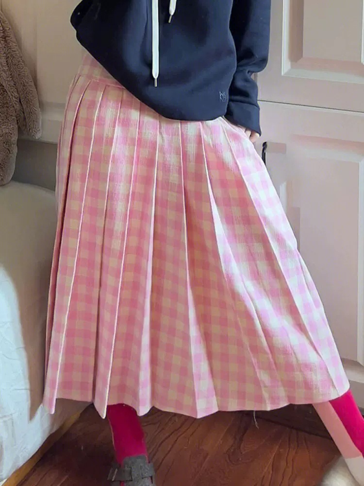 Pink Girl Plaid Pleated Skirt Female 2023 Spring New Skirt Long Women's Clothing Clothing