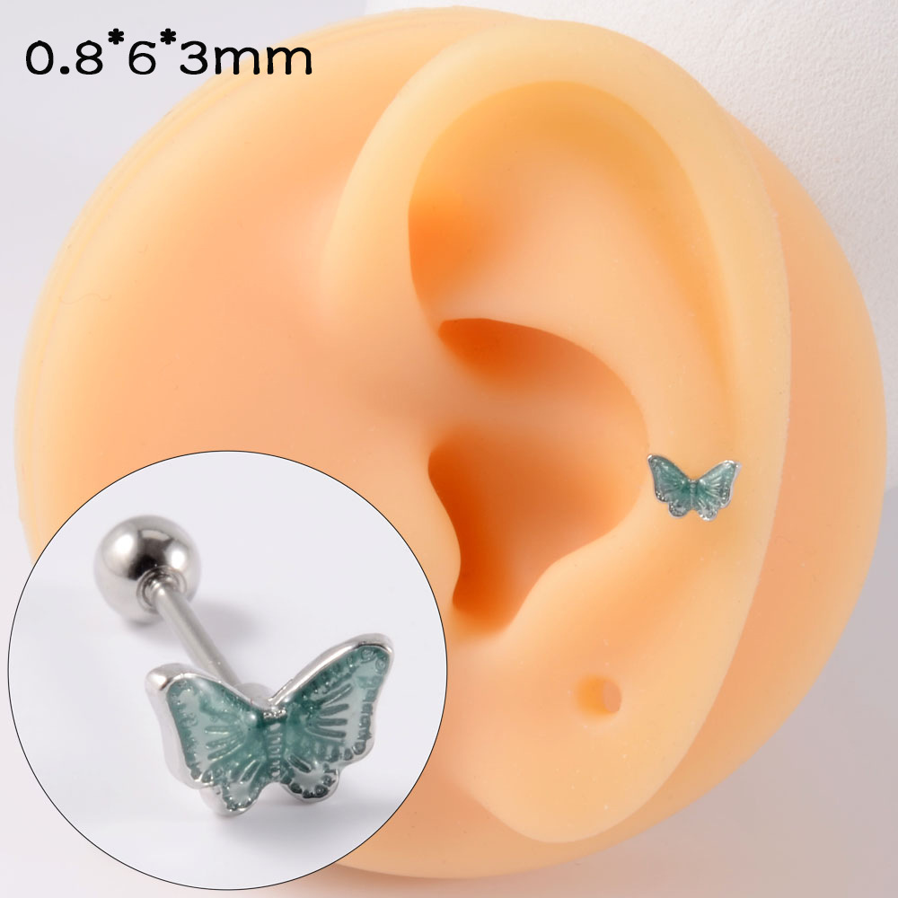 Fashion Colorful Zircon Butterfly Studs Small Pansy Stainless Steel Thin Rod Ear Bone Stud 20G Screw Ball Earrings