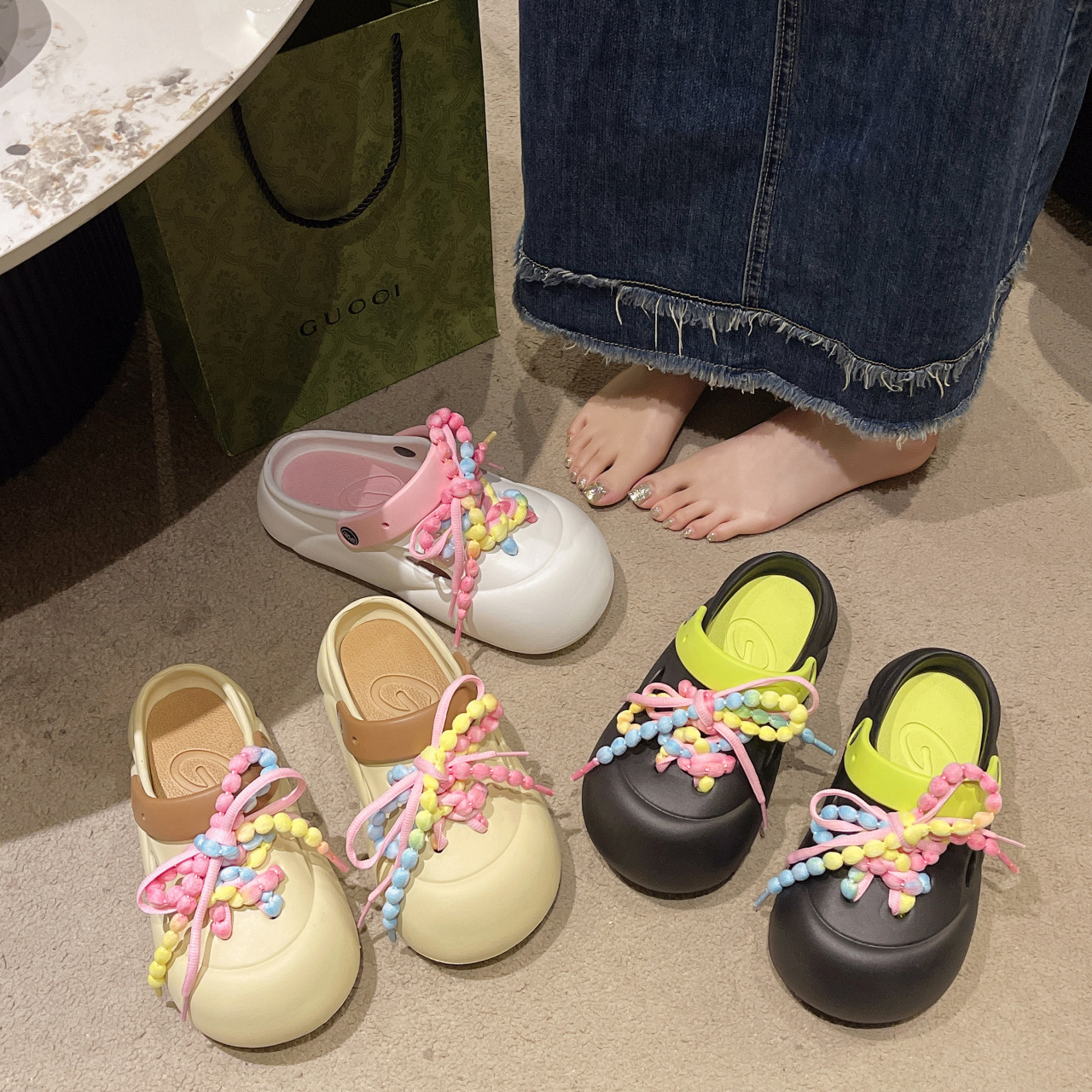 鞋带包头女夏季两穿洞洞鞋沙滩休闲拼色舒适厚底凉拖鞋潮-阿里巴巴