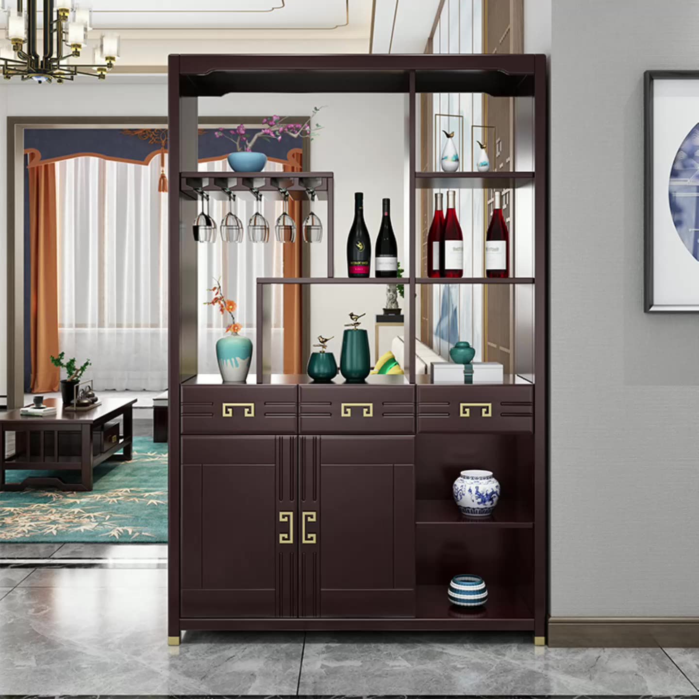 实木间厅柜进门玄关柜酒柜鞋柜一体 新中式轻奢客厅隔断柜双面屏