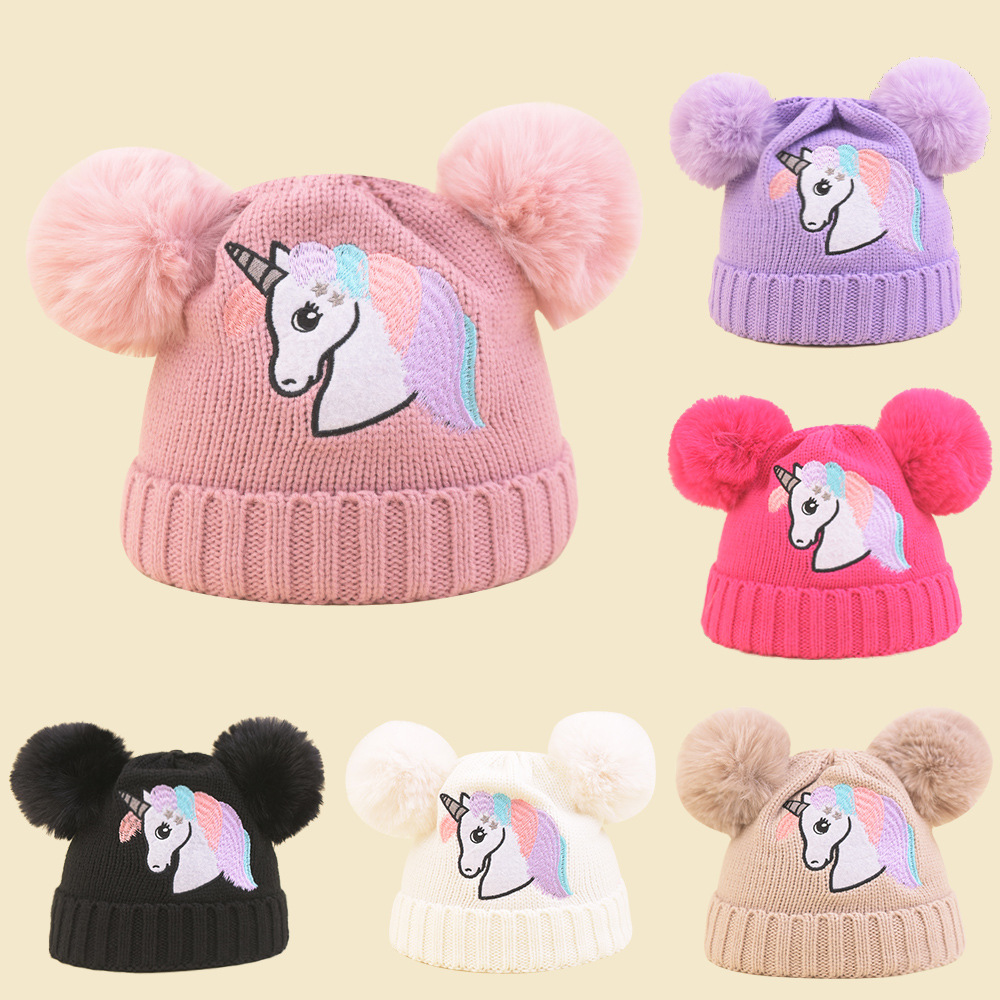 New Cute Unicorn Children's Knitted Hat Winter Warm Wool Hat Baby Girl Outdoor Double Ball Pullover Hat