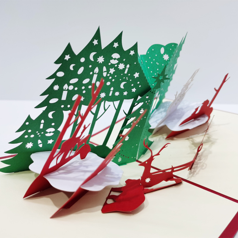 3d立体圣诞森林贺卡 手工纸创意小雪人麋鹿镂空贺卡节日祝福卡