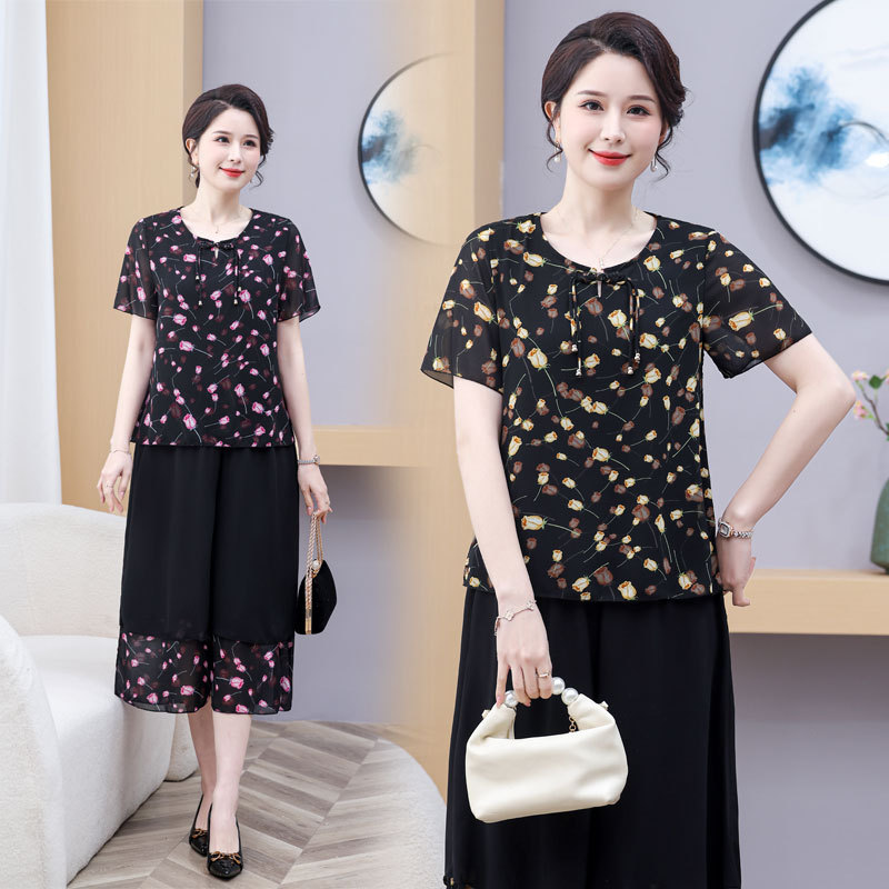 妈妈夏装上衣两件套中老年女装40岁50春夏雪纺衫中年短袖t恤套装