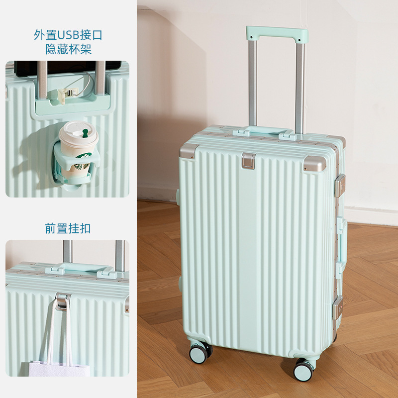 New Luggage Aluminum Frame Trolley Case USB Charging Suitcase Cup Holder Password Suitcase Multi-Functional Men and Women Same Style