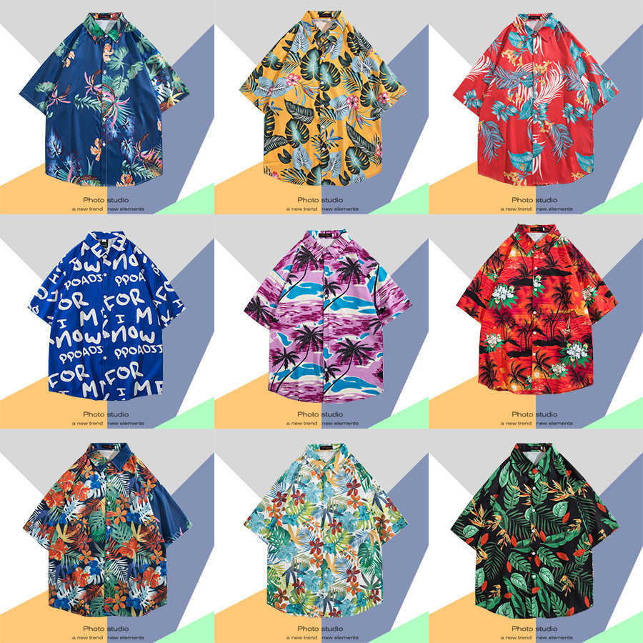 Hawaiian Ice Silk Beach Shirt Men‘s Short Sleeve Ins Ruoshuai Summer Hong Kong Style Retro Thai Seaside Printed Shirt Fashion