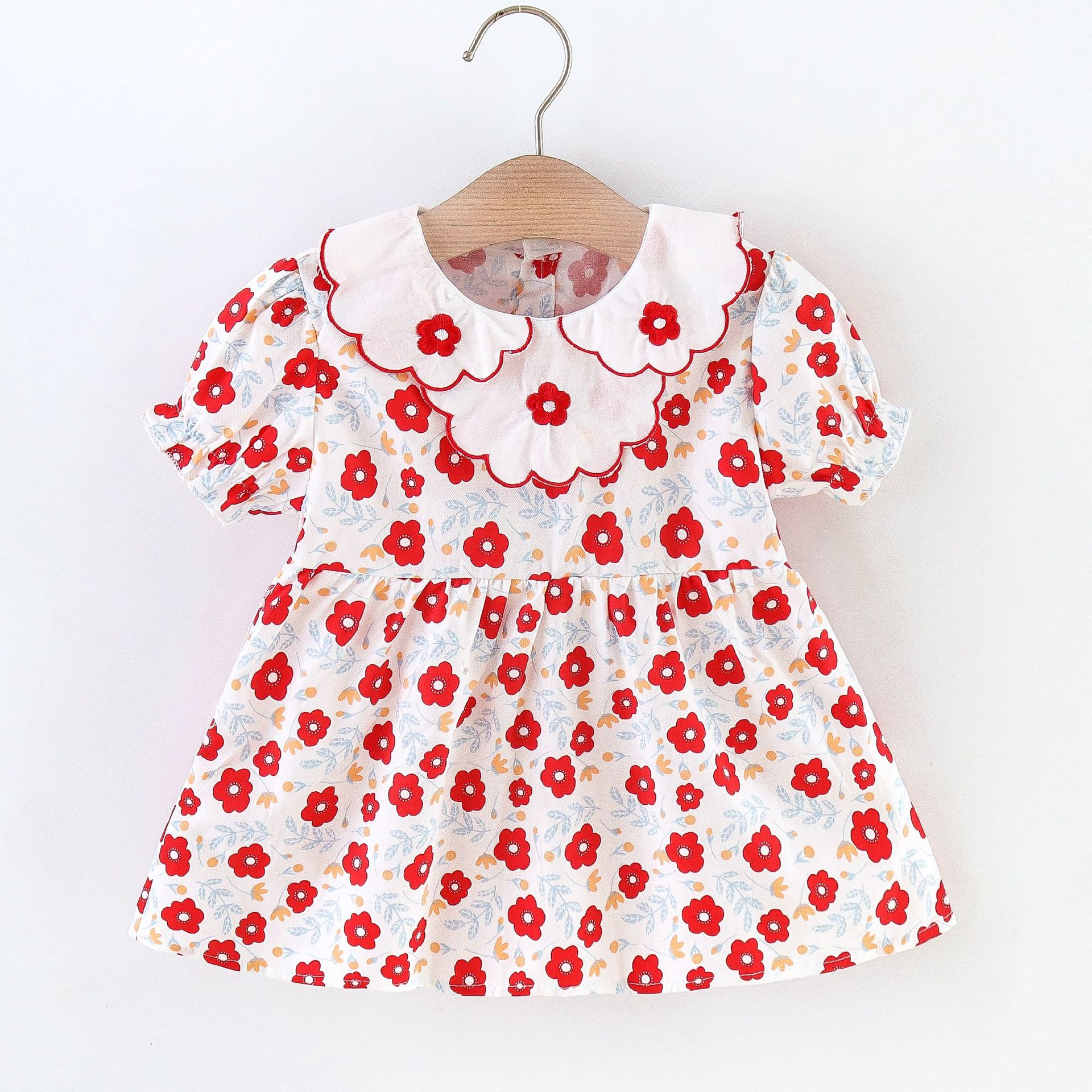 女童连衣裙夏季童装新款波浪小翻领花边泡泡袖碎花裙女宝宝公主裙