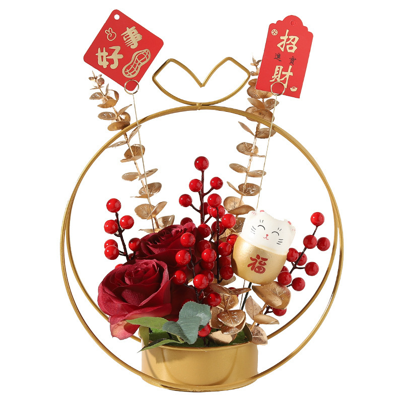 Wholesale New Year Red Paste Fortune Fruit Artificial/Fake Flower Decoration Living Room Desktop Decorative Flower Basket Moving into the New House Gift
