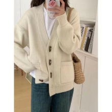 2025高级感领单排扣毛衣开衫女外套春秋韩版宽松针织衫上衣