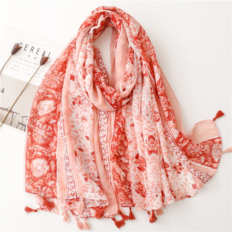 spring and summer fresh sweet cotton and linen scarf thin silk scarf silk yarn red flower pepper tassel sunscreen shawl