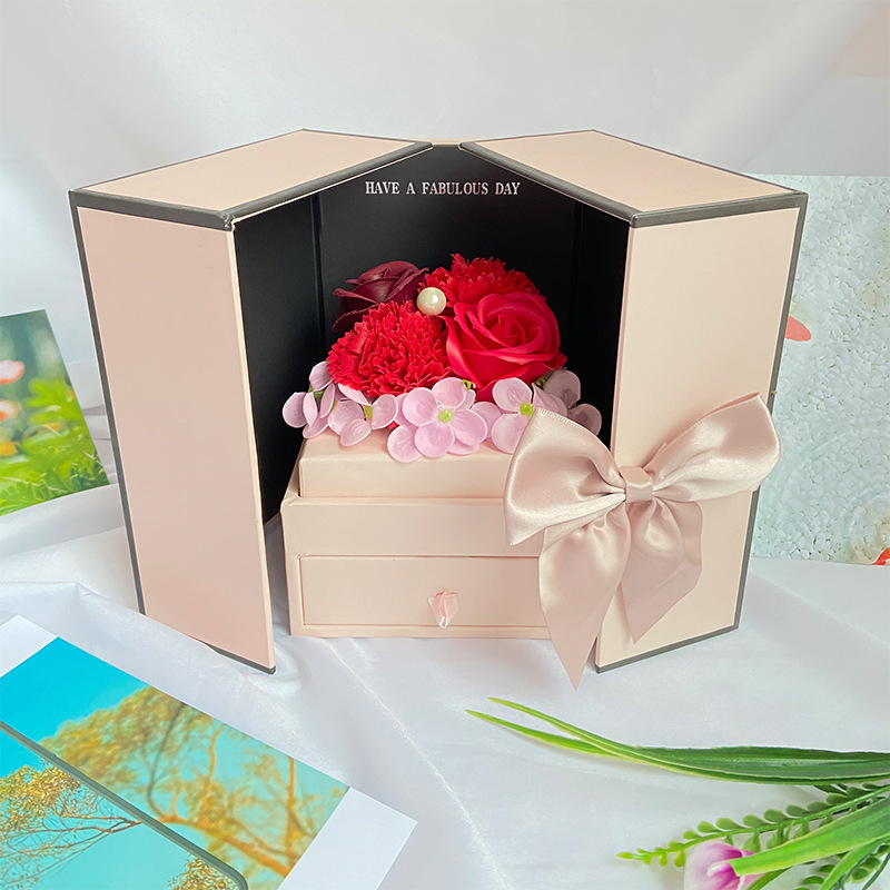 Pink Double Door Soap Flower Drawer Gift Box Women's Day Teacher's Day 520 Qixi Valentine's Day Gift Preserved Fresh Flower