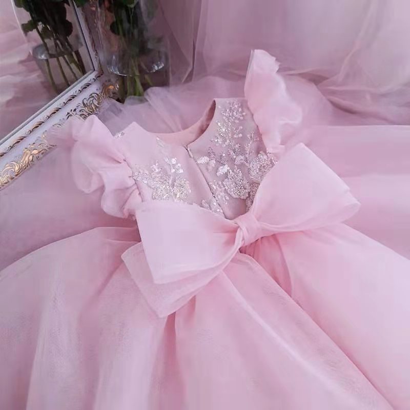 粉色儿童小拖尾礼服2022新款蝴蝶结公主裙女童走秀主持钢琴演出服