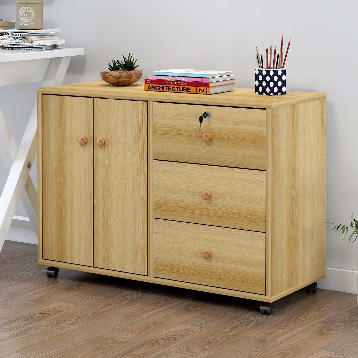 文件柜带锁收纳柜子办公桌下矮柜抽屉柜多层木质资料柜家用储物柜