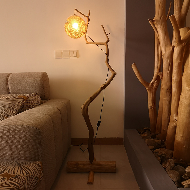 研木社树枝落地灯天然随形个性艺术创意书房茶室客餐厅民宿原木灯
