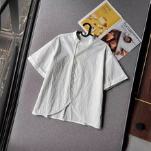 南油高端24新款复古中国风短袖立领纯色气质通勤开衫宽松白色衬衫